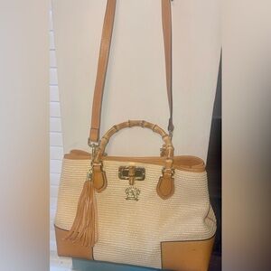 Pratesi Elegant Tan and Cream Handbag with wooden handles and long strap